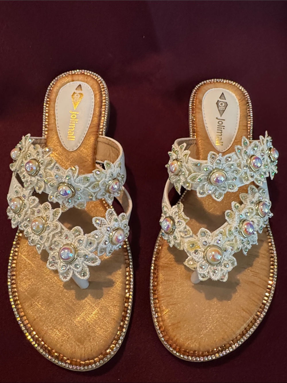 Jolimall White Embellished Flower Appliqué Slide Sandals - Size 39 (US 7.5 -8)